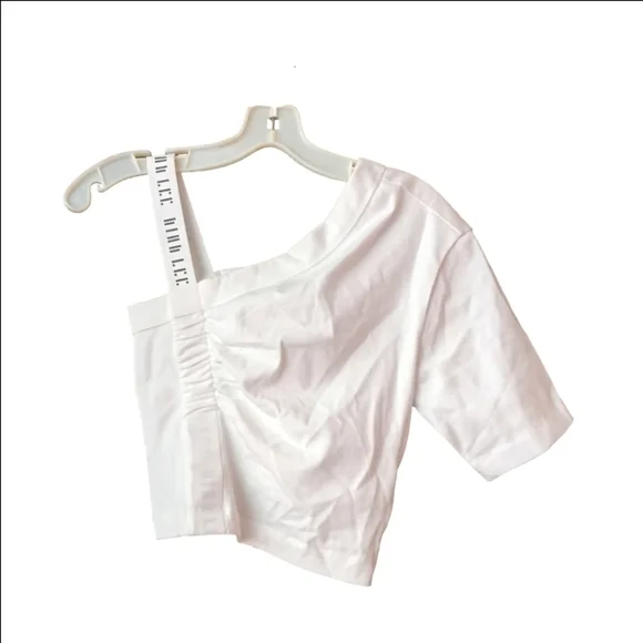NWT Dion Lee Midweight Jersey Asymmetrical Gathered White Logo Tee - Size 0